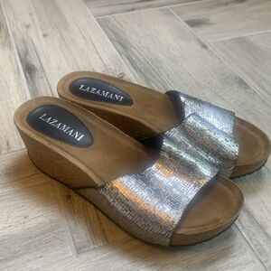 Lazamani Women's Silver Glitter Slip-On Platform Wedge Sandal Size 38